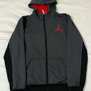 Jordan Black and Gray Performance Hoodie Jacket Red Logo Boys Size Large 14/16